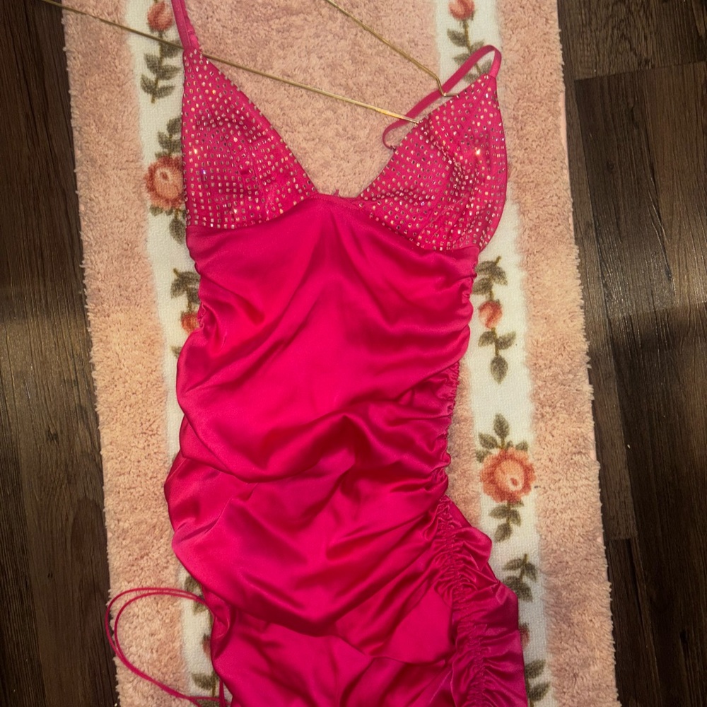 For Love And Lemons Hot Pink Rouched Sparkle Mini Dress